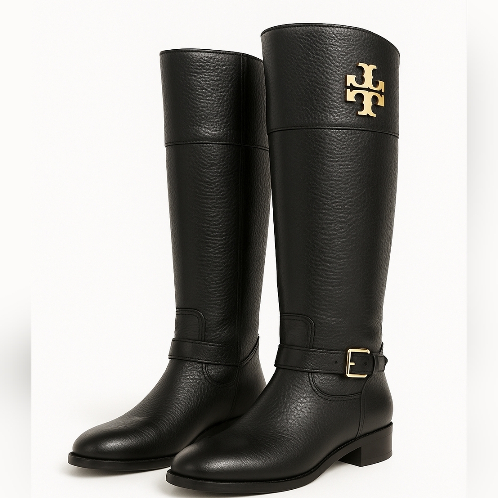 Tory Burch Claire Riding Boots Black Tumbled Leather Gold Hardware - Picture 9 of 11